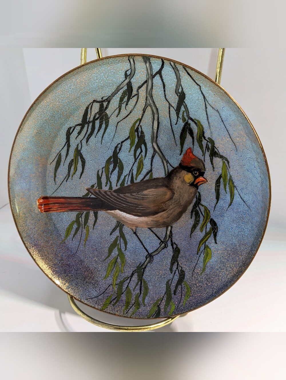 Vtg Serge Nekrassoff Stamped Enamel Over Copper Female Cardinal 6.5" Plate, EUC